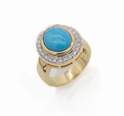 14 kt Gold Türkis-Diamanten-Ring, GG/WG 585/000, ovaler Türkiscabochon ca. 3.0 ct, umgeben von in WG gefassten Diamanten zus. ca.0.30 ct Weiß/si, ...