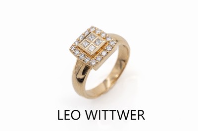 18 kt Gold LEO WITTWER Diamant-Ring, RG 750/000, 20 Diamanten und -carrees zus. ca. 0.59 ct, Weiß/si, RW 56, ca. 7.6 g