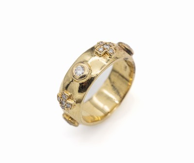 18 kt Gold Brillant-Ring, GG 750/000, Kreuze an der Ringschiene, Brillanten zus. ca.1.0 ct Weiß/si, RW 58, ca. 10.9 g