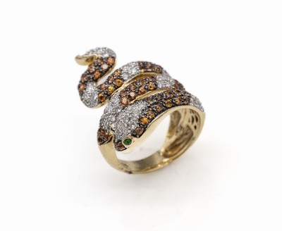 14 kt Gold Saphir-Brillant-Ring "Schlange", GG 585/000, rundfacett. orange Saphire (beh.) zus. ca. 1.0 ct, in geschwärzten Fassungen, ...