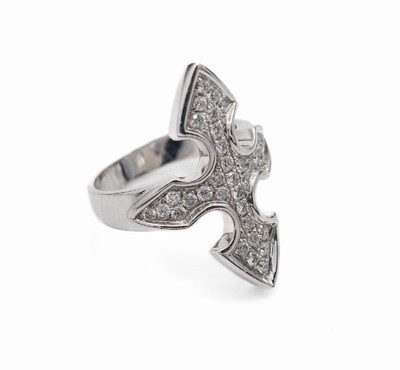 18 kt Gold Brillant-Ring, WG 750/000, stilisiertes Kreuz bes. mit Brillanten zus. ca. 0.75 ct Weiß/si, RW 56, ca. 12.8 g