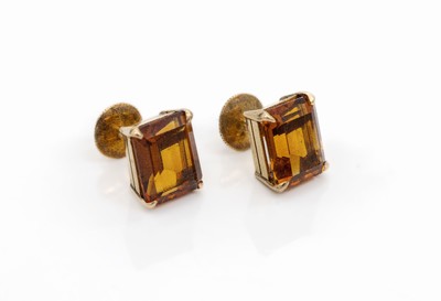 Paar 14 kt Gold Citrin-Ohrstecker, GG 585/000, 2 cognacfarb. Citrine im Emerald Cut zus. ca. 6.0 ct, total ca. 4.3 g
