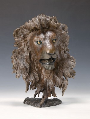 Mark Hopkins, zeitgen. us-amerikanischer Bildhauer, Guardian of the Plains, Bronzeskulptur, Löwenkopf, signiert und num. 183/750, H. ca. 40cm, mit ...