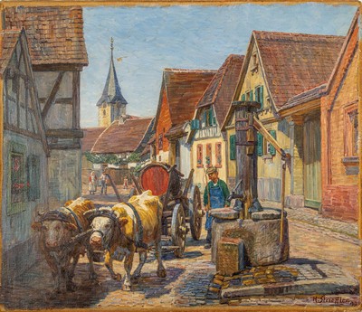 Heinrich Strieffler, 1872-1949 Neustadt, Lithographen-Lehre, Studium an der Akademie München, Weinfuhrwerk auf einer pfälzer Dorfstraße (Umkreis ...