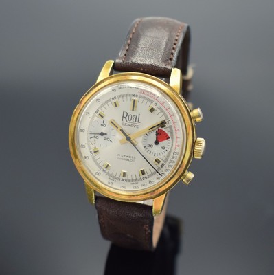 ROAL Geneve Herrenchronograph mit Kaliber Valjoux 7733, Schweiz um 1970, Handaufzug, verg. Geh., Stahlboden sign. Ch. Gigandet geschr., silb. ...