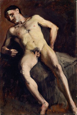 Eduard von Gebhardt, 1838 Järva-Jaani Estland-1925 Düsseldorf, liegender männlicher Akt, Öl/Malkarton, unsigniert, rückseitig handschriftl. ...