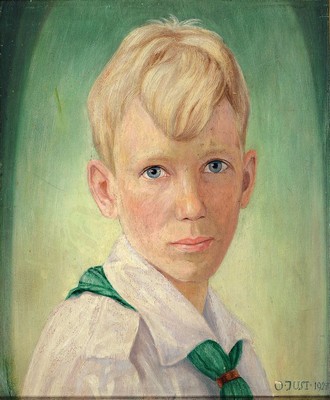 Oskar Just, 1895 Kukau bei Gablonz-1964, Studium an der Kunstgewerbeschule Wien, hier: Porträt eines blonden Jungen, Öl/Holz, rechts unten signiert ...