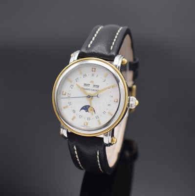 MAURICE LACROIX Masterpiece Herrenarmbanduhr mit Mondphase Referenz MP6066, Schweiz um 1995, Automatik, beids. vergl. Geh. in Stahl, Lünette in GG ...