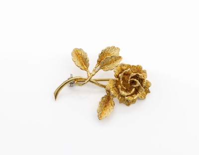 18 kt Gold Brosche "Rose", GG 750/000, vollplastische Rose, mattiert, L. ca. 4 cm, total ca. 8.2 g