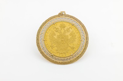 18 kt Gold Anhänger mit Goldmünze 4 Dukaten 1915, GG 750/000 und Dukatengold, Österreich/Ungarn, offizielle Nachprägung, Franz Joseph I., D ca. ...