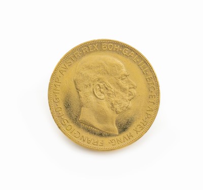 Goldmünze 100 Kronen 1915 Österreich-Ungarn, Franz Joseph I., offizielle Nachprägung, rv: doppelköpfiger Adler mit Brustschild und ...