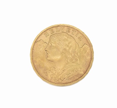 Goldmünze 20 Franken, Schweiz 1947, sogn. Vreneli, Helvetia