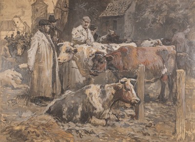 Georg Koch, 1819-1899 Kassel, Studium an der Akademie Kassel, ab 1880 dort auch Professor, hier: Auf dem Viehmarkt, Aquarell auf Papier, seitlich ...