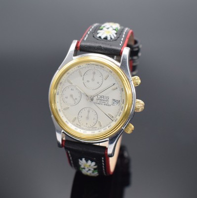 ORIS Herrenarmbanduhr mit Chronograph, Schweiz um 1993, Automatik, Edelstahlgeh. teils verg., Boden geschr., silb. Zifferbl. m. aufges. Std.-Ind., ...