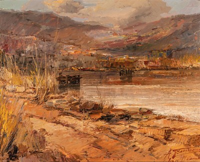 Tzavino, Künstler der Mitte des 20.Jh, "LagoD'Averno", italienische Seenlandschaft, Öl/Malkarton, signiert, verso bez., Rahmen, ...