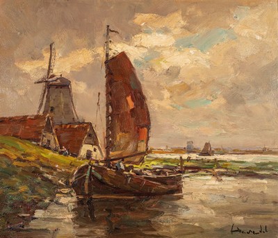Harry Haerendel, Hamburger Maler, um 1896-1991, Fischerboote vor Mühle, Öl/Lwd, rechts unten signiert, ca. 60x70cm/77x85cm, Rahmen