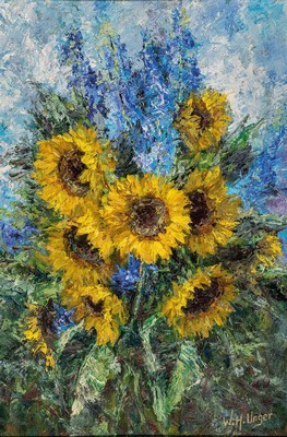 Wolfgang Heinz Unger, geb. 1929 Haale/Saale,Stillleben mit Sonnenblumen und Rittersporn, Öl/Malkarton, rechts unten signiert, rückseitig betitelt, ...