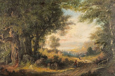 Ebert, spätromantische Malerei, um 1880, Waldlandschaft mit Blick ins Tal und auf ein Dorf, Öl/Mahagoni, Personen im Vordergrund, gute ...
