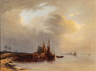 Unbekannter Künstler, wohl Belgien oder Frankreich, um 1900, Blick auf die Küste mit Fischerbooten, qualitätvolle lasierende Malerei, Öl/Lwd, ...
