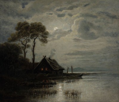 Forest, datiert (18)93, Vollmond über einem Bauernhaus an der Küste, qualitätvolle Malerei, Öl/Lwd, doubliert, links unten signiert und datiert, ...