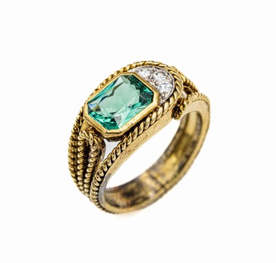 14 kt Gold Turmalin-Diamant-Ring, GG 585/000, Kordelverzierung, mittig facett. Turmalin ca. 2.0 ct (besch.), 3 8/8-Diamanten zus. ca. 0.09 ct ...