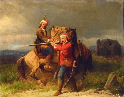 Christian Sell, 1856 Düsseldorf-1925 Gotha, zwei berittene Soldaten mit Krummsäbel und Gewehr, im Hintergrund ein Gebäude, Öl/Lwd, links unten ...