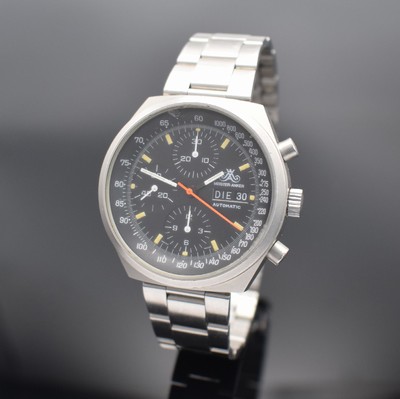MEISTER-ANKER Herrenchronograph in Stahl, Schweiz um 1980, Automatik, mattiertes Geh., Boden verschr., Mineralglas besch., schwarzes Zifferbl., ...