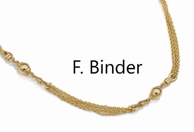 14 kt Gold Collier, GG 585/000, Kordelkettemit 4 4-rhg. Zwischenstücken und 5 kugelförmigen Zwischengliedern, L. ca. 80.5 cm, ca. 20.6 g, ...
