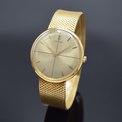 CORUM elegante Armbanduhr in GG 750/000, Schweiz um 1960, Handaufzug, 3-tlg. Geh., Boden & Glasrand aufgedr., anges. Milanaiseband, orig. Krone, ...