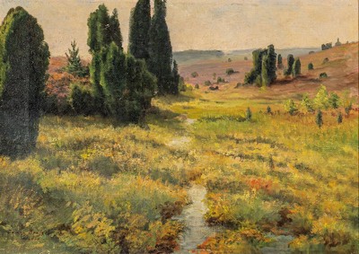 James Brass, 1856 Magdeburg-1949, lebte u.a. in Belgien, hier: Heidelandschaft mit Baumgruppen, Öl/Malkarton, links unten signiert, ca. 35x50cm, R. ...