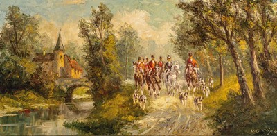 Wladimir Grechow, eb. 1917, Parforcejagd, Öl/Lwd, rechts unten signiert, ca. 50x100cm, R. ca. 64x114cm