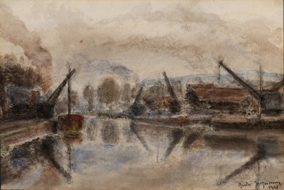 Ungedeuteter Künstler des 20.Jh., Hafeneinfahrt mit den sich spiegelnden Kranauslegern, Pastell, rechts unten unleserlich signiert u. datiert 1918, ...