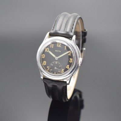 RECTA Herrenarmbanduhr, Schweiz um 1940, Handaufzug, 2-teil., verchr. Geh., Stahlboden aufgedr., schwarzes Zifferbl. m. arab. Leucht-zahlen, ...