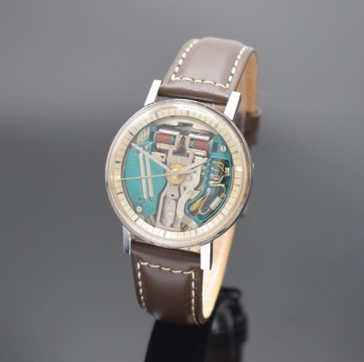BULOVA Accutron Spaceview Stimmgabel- Armbanduhr in Stahl, USA um 1965, unpoliertes verschr. Geh., rücks. Zeiger- Stellung, silb. Ziffernring, silb. ...