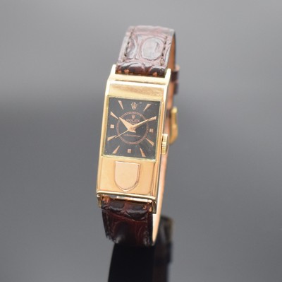 ROLEX Prince Referenz 3361 sehr seltene pult- förmige Armbanduhr in RG 750/000, Schweiz um1950, Handaufzug, gedr. rechteck. Geh. dell., rücks. ...