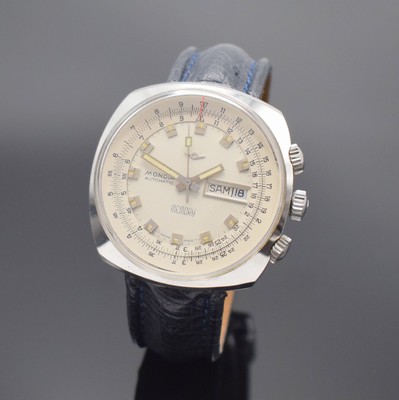 MONDIA Memory sehr seltene Armbanduhr mit Rechenschieber & rückseitiger Weltzeit, Schweiz um 1970, Automatik, verschr. Stahlgeh., Kronen f. ...