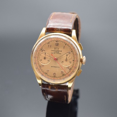 BRITIX / Chronographe Suisse Herrenarmbanduhr mit Chronograph in RG 750/000, Schweiz um 1950, Handaufzug, Boden & Glasrand aufgedr., kupferfarb. ...