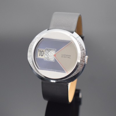 MARS Digital Herrenarmbanduhr, Deutschland um 1970, Handaufzug, verchr. Gehäuse, Stahlboden gedr., 2-farb. Zifferbl. m. digitaler Anz. v. Std., Min. ...