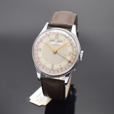 DROZ Valjoux 90 Herrenarmbanduhr mit Vollkalender, Schweiz um 1950, Handaufzug, verchr. Geh., gedr. Stahlboden, seitl. Korrekturdrücker, silb. ...