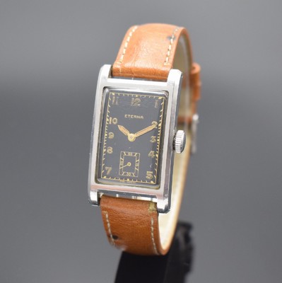 ETERNA seltene rechteckige Armbanduhr mit verschraubtem Boden in Stahl, Schweiz um 1940, Handaufzug, 2-tlg. Geh., Boden 4-fach verschr., schwarzes ...