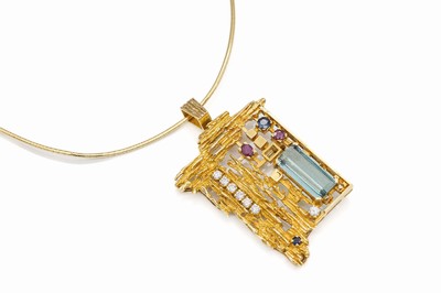 18 kt Gold Farbstein-Diamant-Brosche/Anhänger, GG 750/000, ausgefallen, rechteckig facett.blau Topas (beh.) ca. 6.0 ct, 7 Diamanten zus.ca. 0.35 ct ...