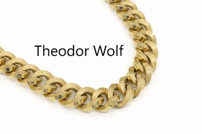 14 kt Gold Collier, GG 585/000, Meistermarke THEODOR WOLF, Schauseite Glieder graviert, L. ca. 45 cm verlaufend, Kastenschloss mit 2 ...