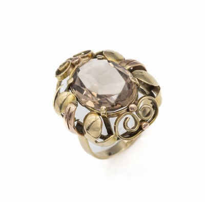 14 kt Gold Rauchquarz-Ring, GG/RG 585/000, 1950er Jahre, Fassung mit Blattwerk, Granulation und Spiralverzierungen, ca. 6.5 g,RW 57