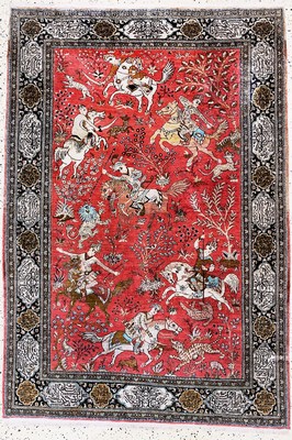 Ghom Seide "Jagdmotive", Persien, um 1960, reine Naturseide, ca. 212 x 145 cm, EHZ: 2