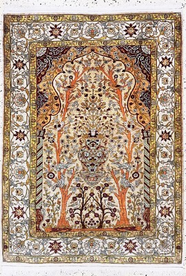 Hereke Seide, signiert, Türkei, um 1950, reine Naturseide, ca. 140 x 102 cm, ca. 1,0 Mio. Kn/qm, EHZ: 2