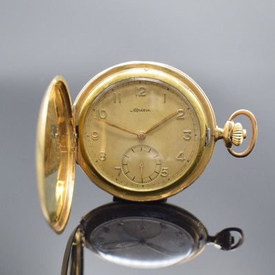 ALPINA Savonette Frackuhr in GG 585/000, Schweiz 1930er Jahre, 2-Deckel Goldgeh. altersbed. dell., Münzrand, verg. Cuvette mit Widmungsgravur, gold. ...