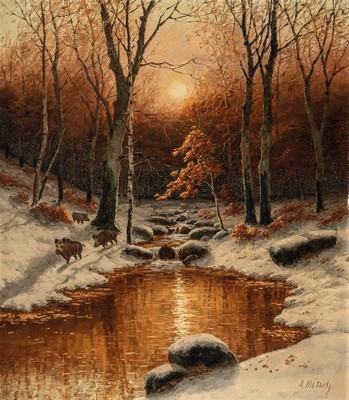 August Mötsch, 1869-1952 Düsseldorf, Maler der Düsseldorfer Schule, spätherbstliches Waldinterieur bei Mondschein, Rotte Wildschweine entlang ...