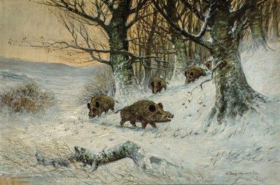 Joseph Heydendahl, 1844 Düsseldorf - 1906, Wildschweine im Winterwald, signiert, Öl/Lwd, 120 x 80 cm, Prunkrahmen ca. 108 x 146 cm