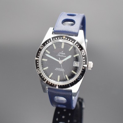 STOWA Seatime Herrenarmbanduhr in Stahl, Deutschland um 1965, Automatik, 2-teil. Geh., Boden geschr., drehb. Lünette m. 60er-Teilung, schwarzes ...