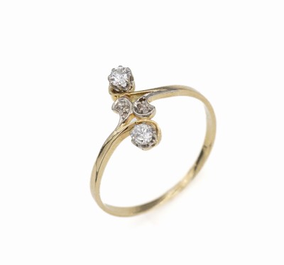 14 kt Gold Jugendstil-Diamant-Ring, GG 585/000, 2 Altschliff-Diam. zus. ca. 0.20 ct Weiß/si, 5 Diam.-Rosen (1 Stein fehlt)zus. ca. 0.05 ct, ca. 1.6 ...